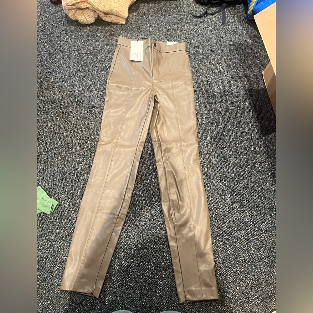 Zara fake leather tight work pants tan